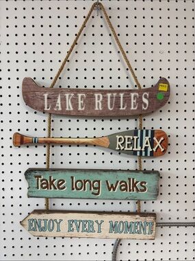 GANZ Rustic Lake Rules Hanging Wall Sign in Brown, Aqua & Blue